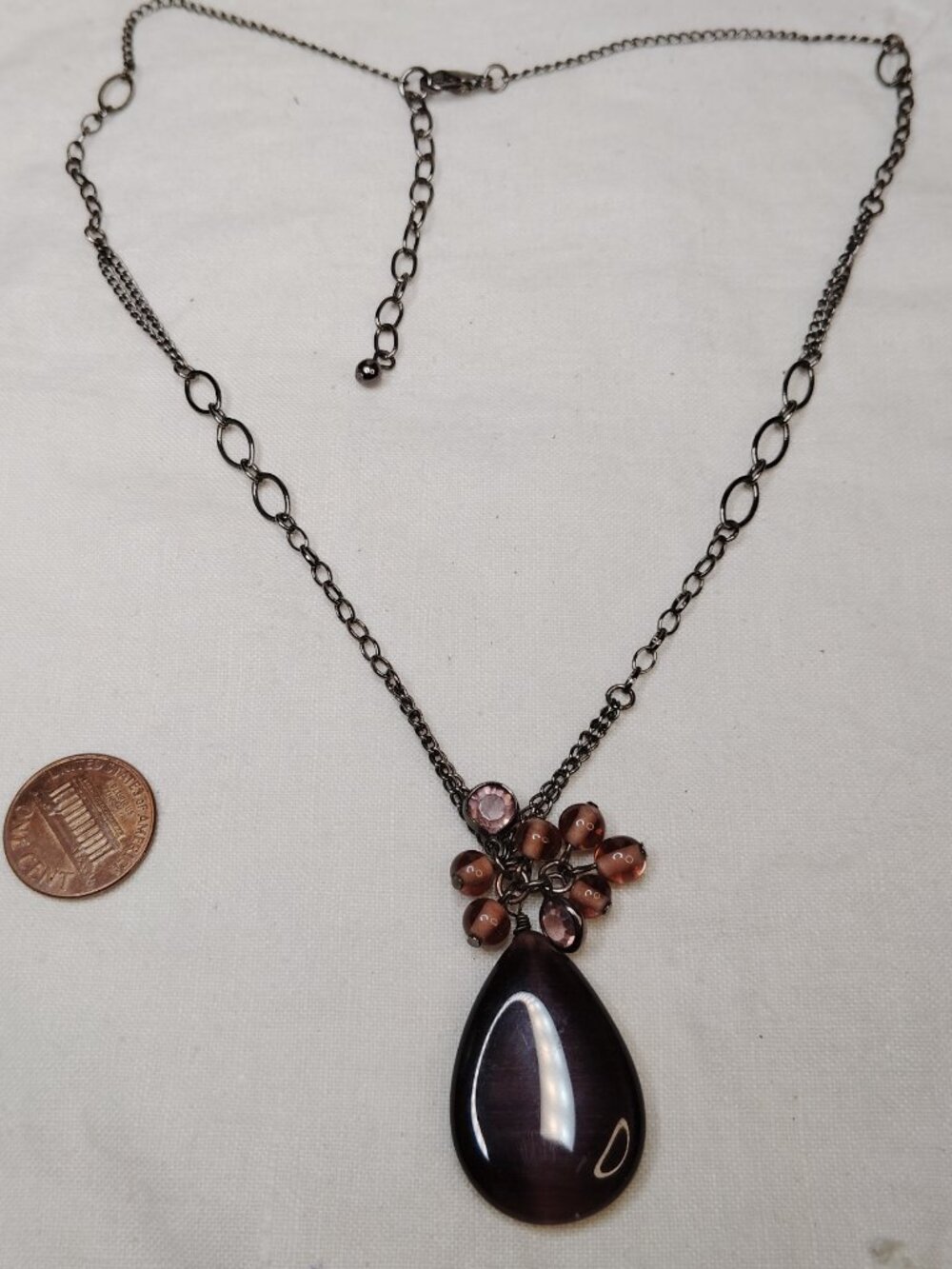 Purple Cat’s Eye Teardrop Pendant Necklace – Gunmetal Chain, 18" + 2" Extender